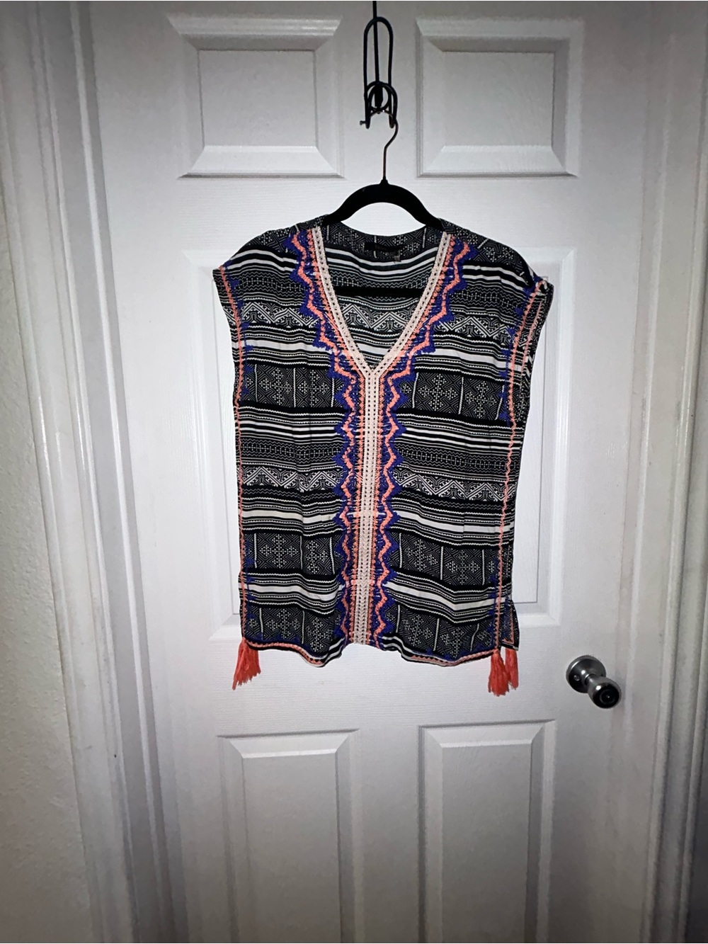 THML (Anthropologie) Black Boho Sleeveless Blouse with Pink and Coral Trim